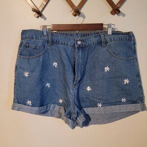 SHEIN Elastic Waist Daisy Embroidered Cuffed Jean Shorts SZ 4X